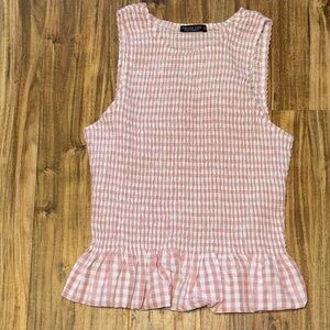 Emerson Lang women top blouse large Pink white Gingham Peplum Tank Top smock